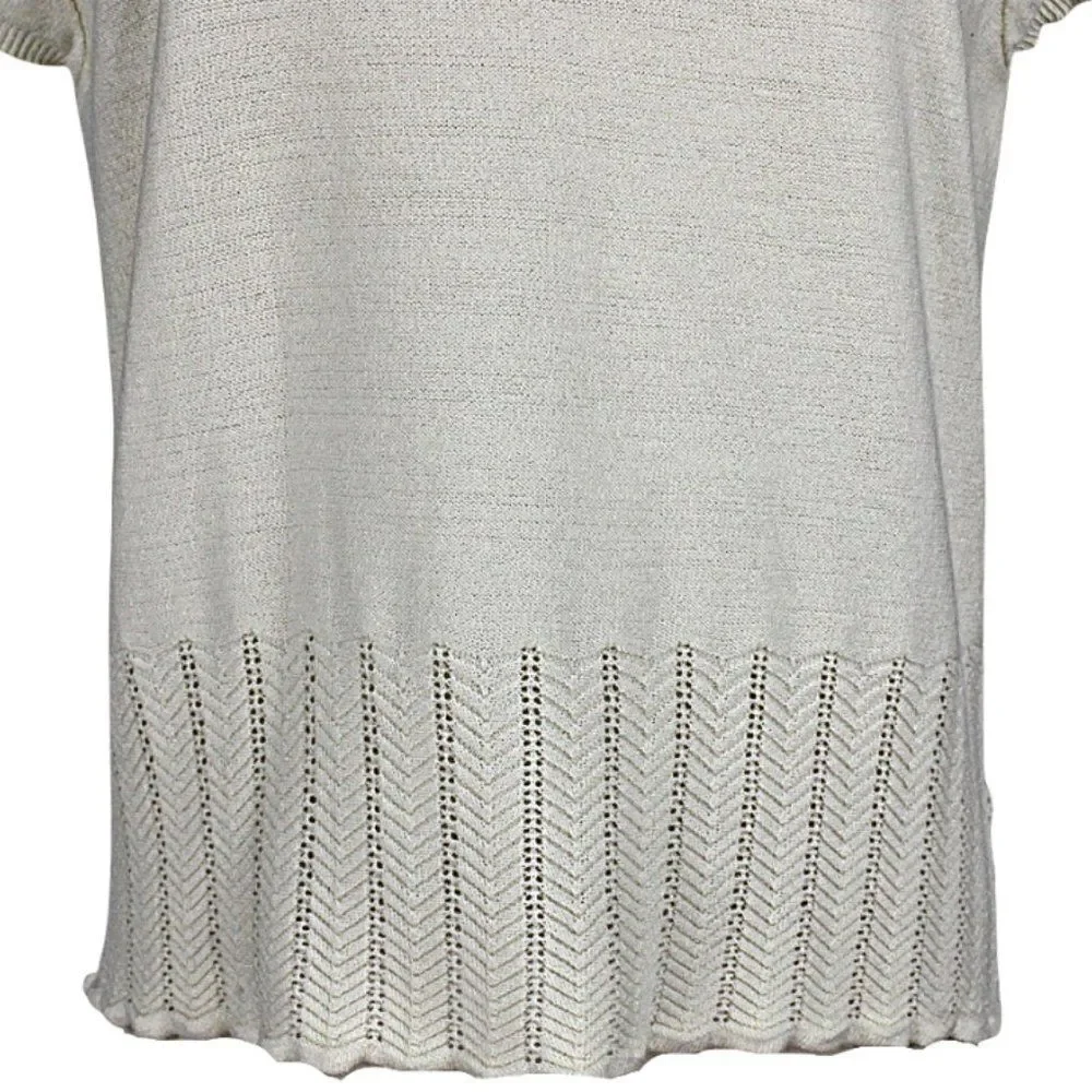 Sweater Short Sleeve  Round Split Neck Chevron Hem Patten Ivory Womens Petite XL